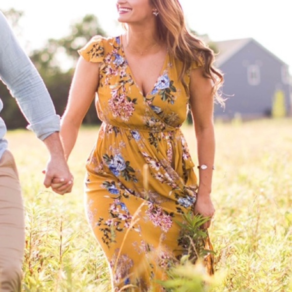 Yellow Floral Wrap Maxi Dress - Figure Flattering
